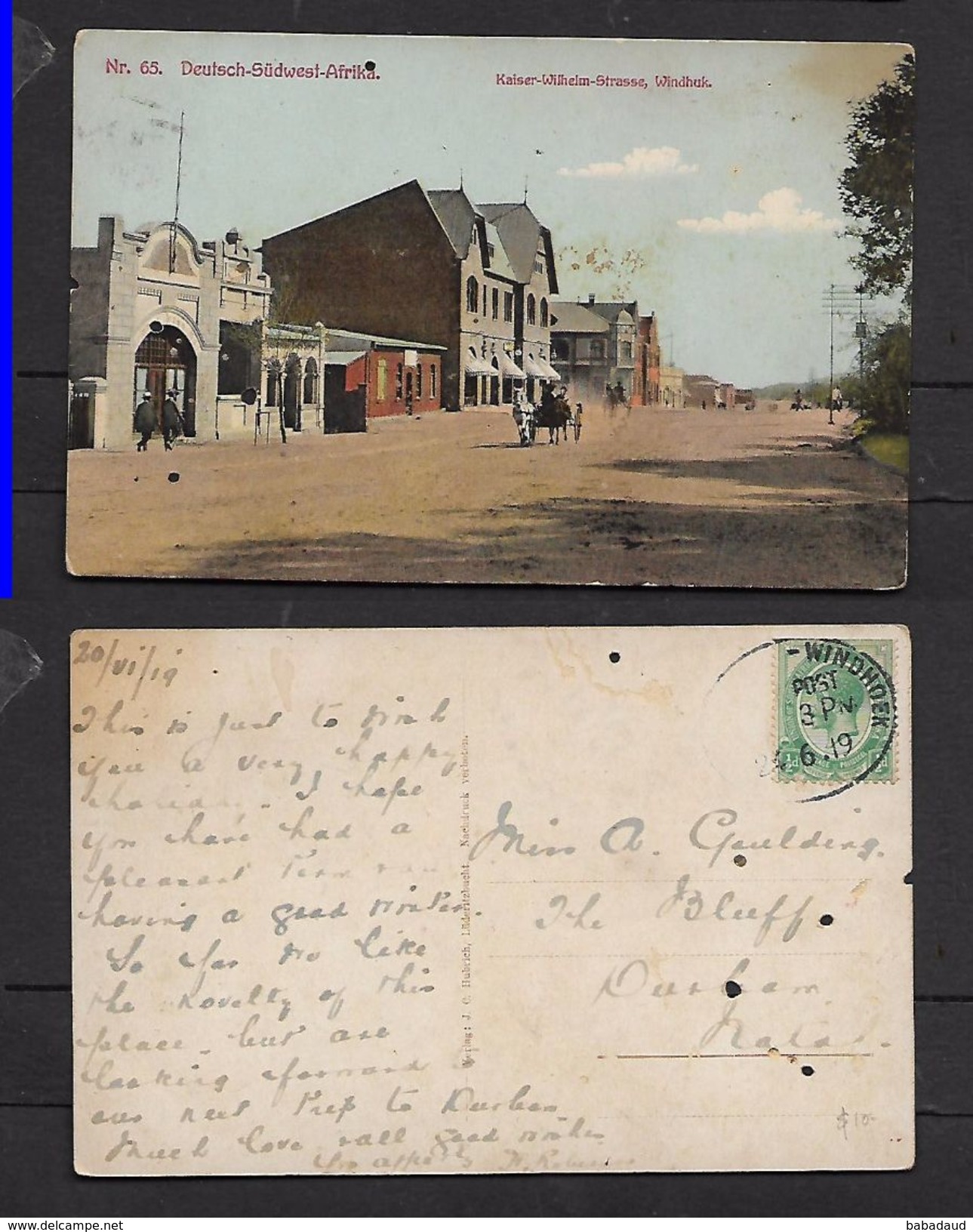 South West Africa Kaiser Wilhelm St, Windhuk, Used 1919, WINDHOEK > Durban, S.Africa 1/2d Adhesive - Namibia