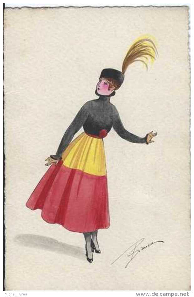 Aquarelle Peinte Main - Illustrateur Bianca - Femme Robe Drapeau Belge Bas Blancs Et Chapeau - Pas Circulé - TBE - Autres & Non Classés