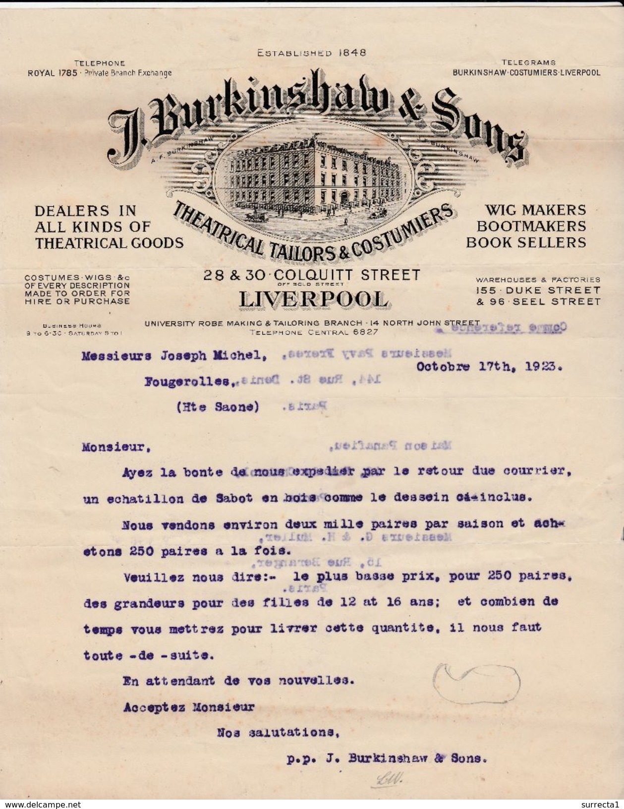 Facture 1923 / J. BURKINSHAW & Sons / Théatrical Tailors & Costumiers / Liverpool / Anglaterre - United Kingdom