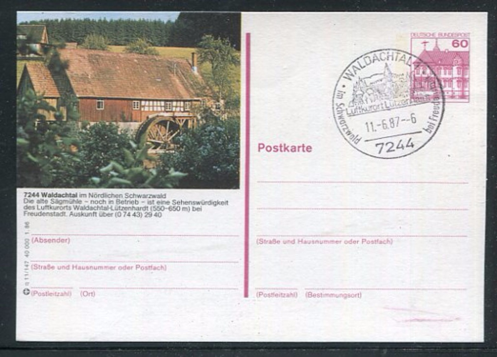 Bundesrepublik Deutschland / 1986 / Bildpostkarte "WALDACHTAL" Mit Bildgleichem Stempel (1/082) - Postales Ilustrados - Usados