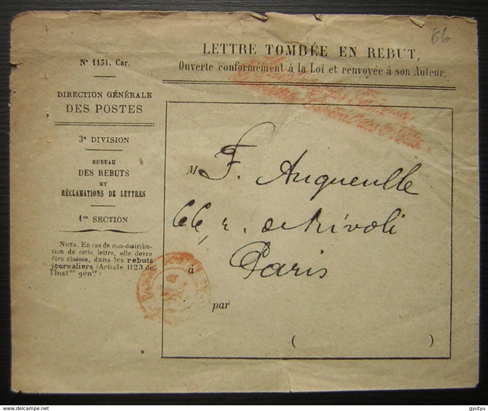 Lettre Tombée En Rebut Cachet Rouge De Paris Et Marque Linéaire Rouge à Dater - 1849-1876: Période Classique