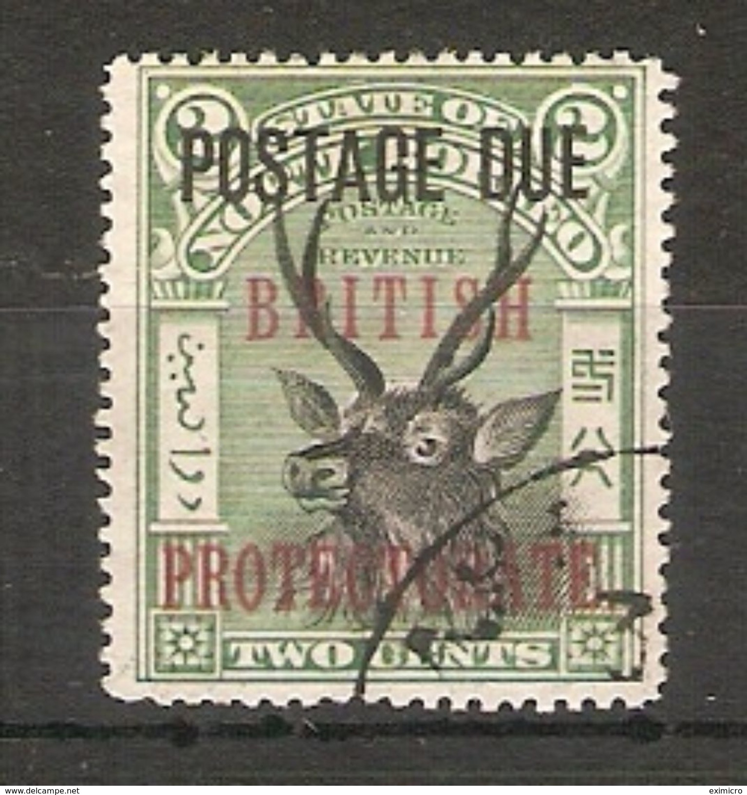 NORTH BORNEO 1906 2c POSTAGE DUE SAMBER STAG SG D50 PERF 16 FINE USED Cat £55 - North Borneo (...-1963)