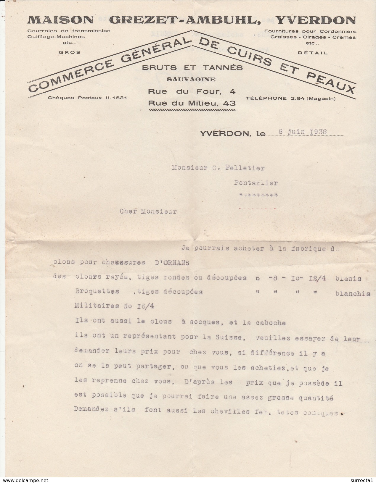 Courrier + Enveloppe 1938 / GREZET AMBUHL / Commerce Cuirs & Peaux / Yverdon Suisse - Switzerland