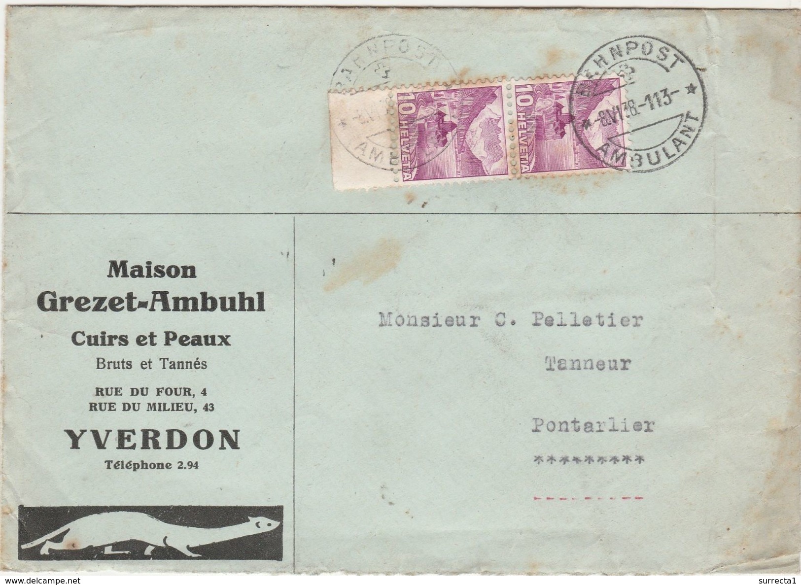 Courrier + Enveloppe 1938 / GREZET AMBUHL / Commerce Cuirs & Peaux / Yverdon Suisse - Schweiz