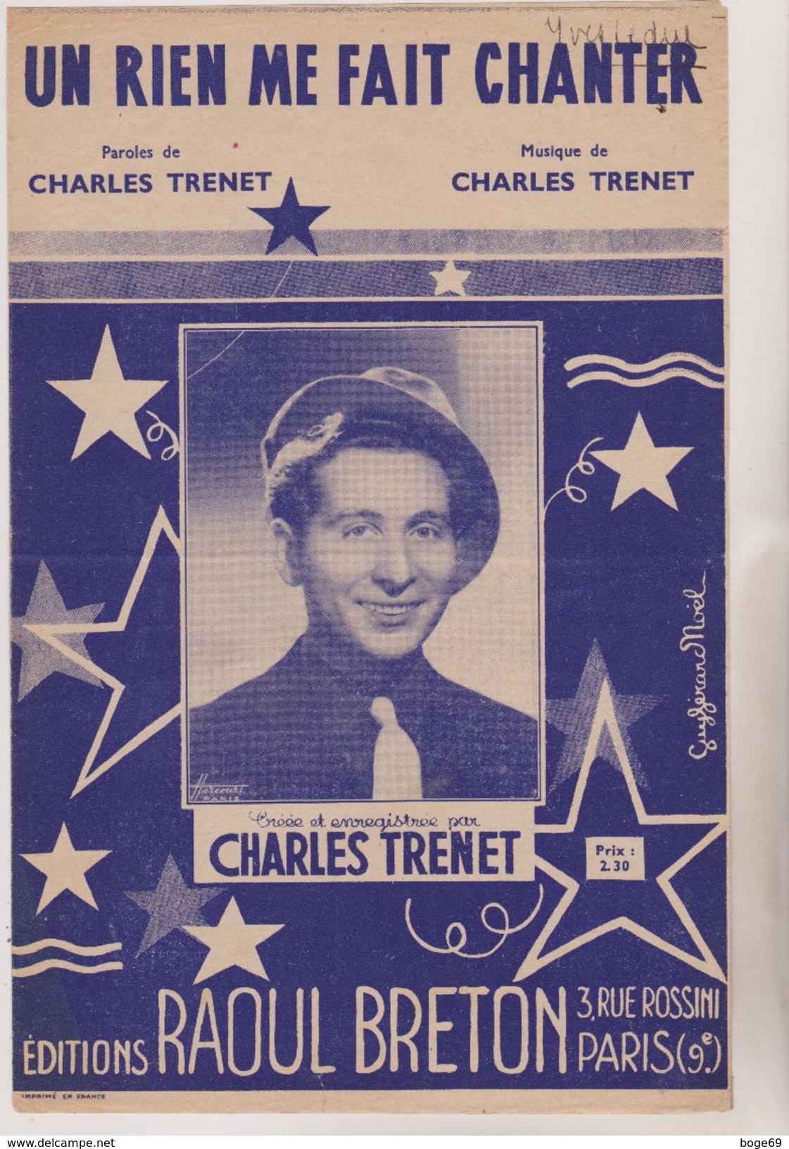 (GB17) Un Rien Me Fait Chanter  , CHARLES TRENET , Ainsi Que Paroles Et Musique - Partitions Musicales Anciennes