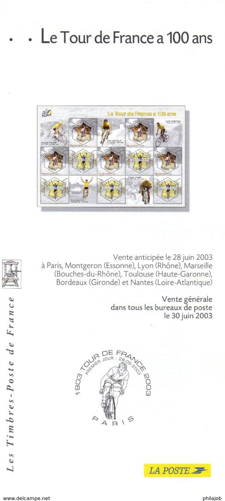 FRANCE 2003 : Fascicule Publicitaire Avec Photo Du Timbre + Cachet 1er Jour " LE TOUR DE FRANCE A 100 ANS " - Radsport