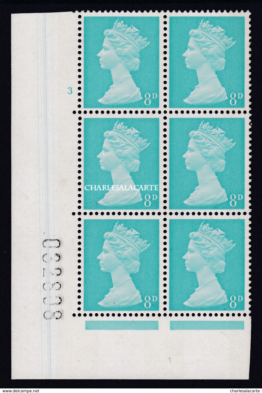 GREAT BRITAIN 1969 MACHIN 8d. TURQUOISE  2 BANDS PHOS.  S.G. 739  CYLINDER 3 NO DOT BLOCK OF 6  U.M. / YT 481 N.S.C. - Machins