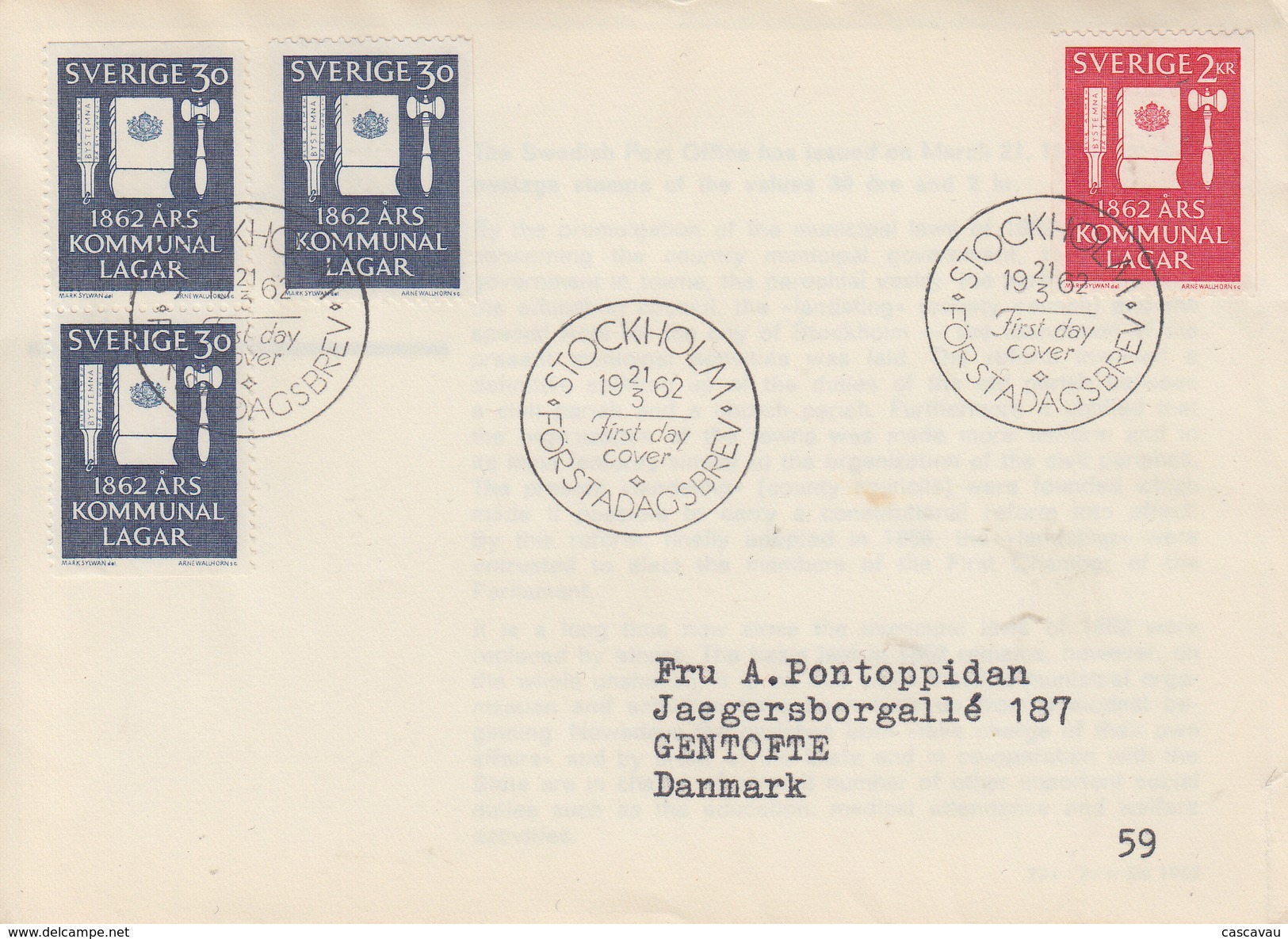 Enveloppe  FDC  1er Jour    SUEDE   Centenaire  Lois  Communales   1962 - FDC