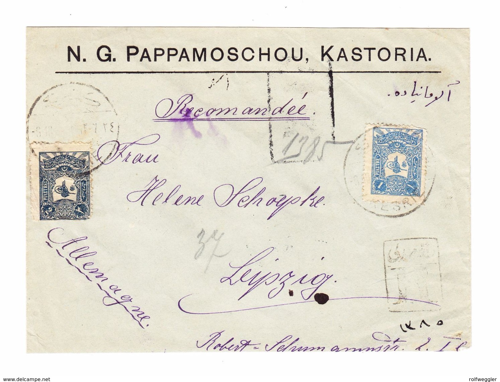 Türkei - 1906, R-Brief Mit 1 Und 2 Pia.von Kastoria Nach Leipzig - Lettres & Documents