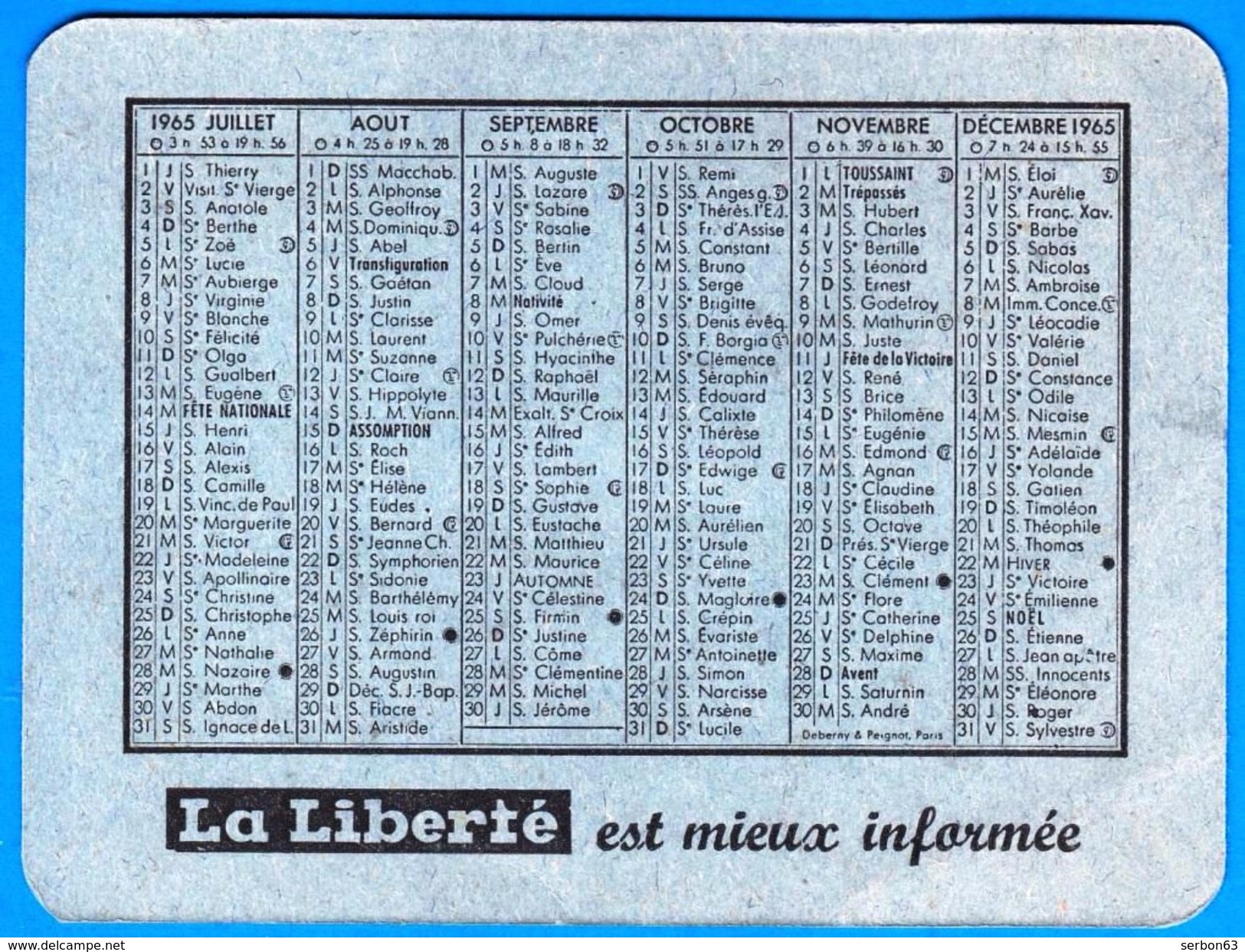 CALENDRIER DE POCHE 1965 PETIT FORMAT LA LIBERTE LE JOURNAL DU MASSIF CENTRAL - NOTRE SITE Serbon63 - Petit Format : 1961-70