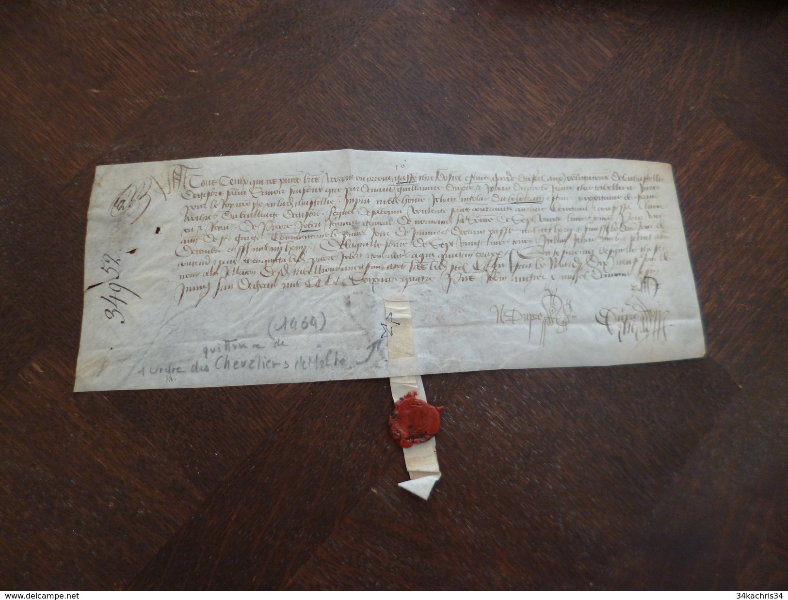 Quittance 1464 Avec Sceau Chevalier Ordre De Malte Gasse Nicolas Dit Le Lorrain Robert Manuscrit Sur Velin - Manuscritos