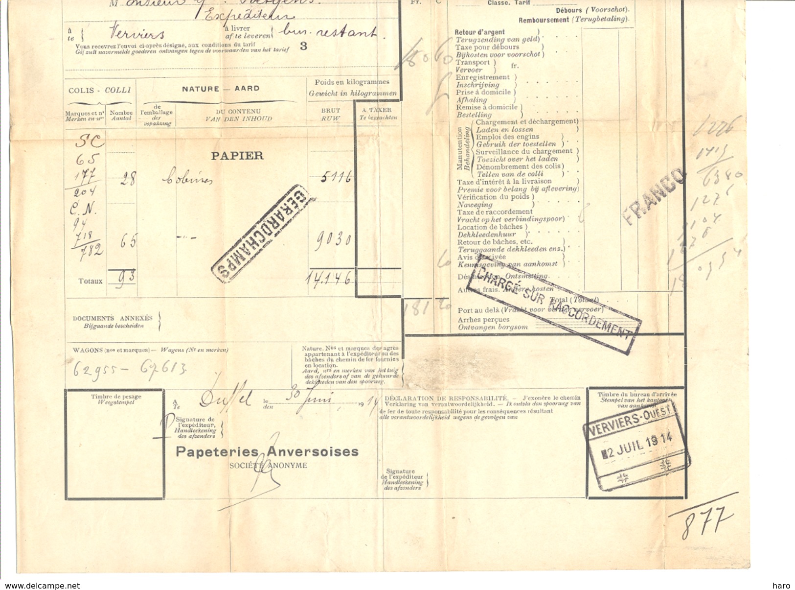 Chemin De Fer - Lettre De Voiture 30 Juin1914 - DÜFFEL Vers VERVIERS - Train, Marchandise. - Autres & Non Classés