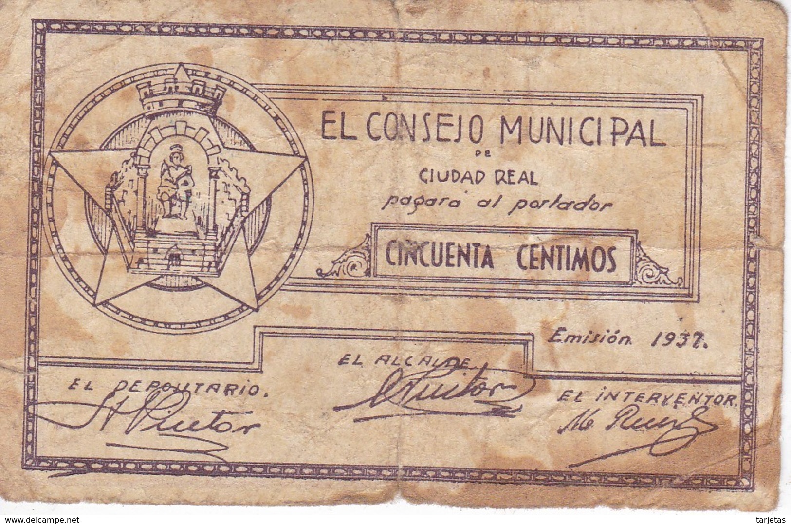 BILLETE DE 50 CENTIMOS DEL CONSEJO MUNICIPAL DE CIUDAD REAL DEL AÑO 1937 - RARO     (BANKNOTE) - Autres & Non Classés