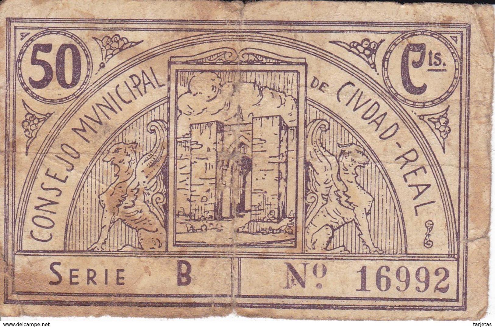 BILLETE DE 50 CENTIMOS DEL CONSEJO MUNICIPAL DE CIUDAD REAL DEL AÑO 1937 - RARO     (BANKNOTE) - Otros & Sin Clasificación