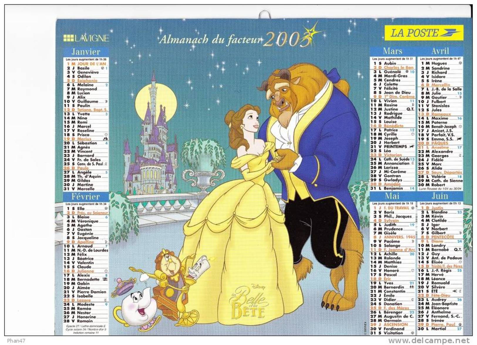 Almanach Du Facteur 2003, La Belle Et La Bête, Peter Pan, Fée Clochette, Disney, LAVIGNE - Big : 2001-...