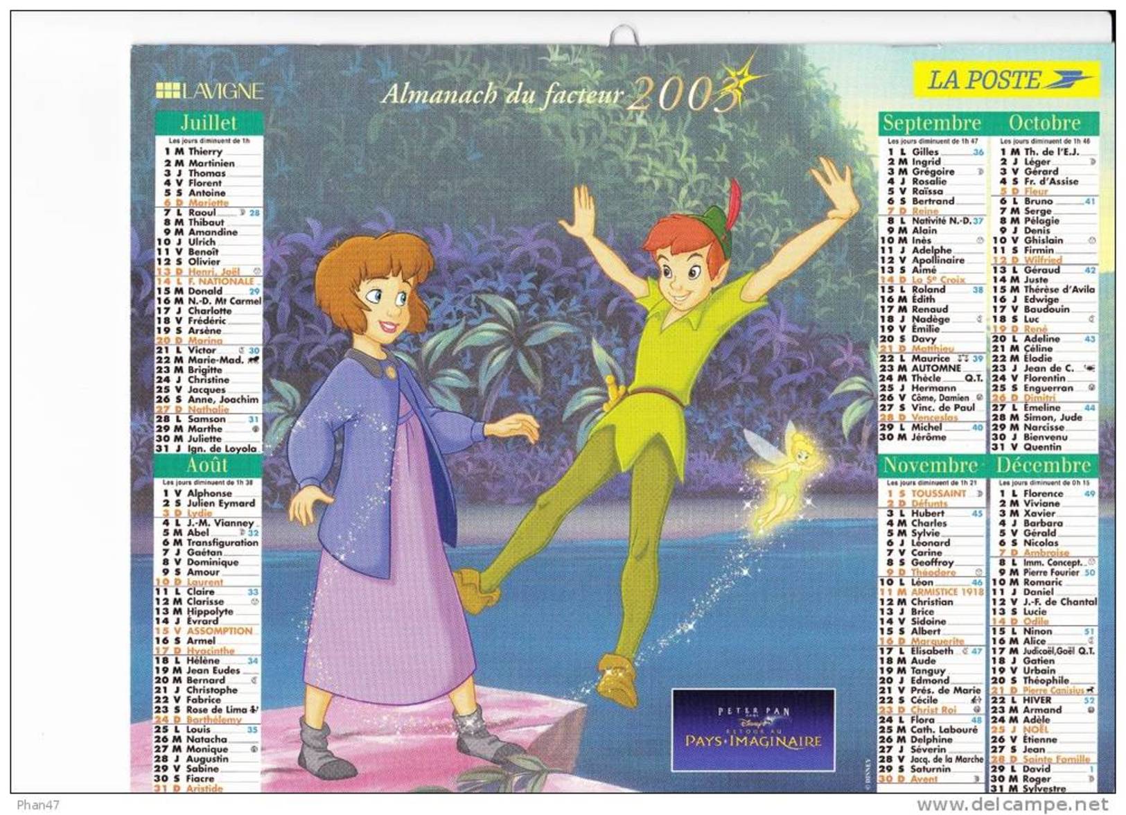 Almanach Du Facteur 2003, La Belle Et La Bête, Peter Pan, Fée Clochette, Disney, LAVIGNE - Big : 2001-...