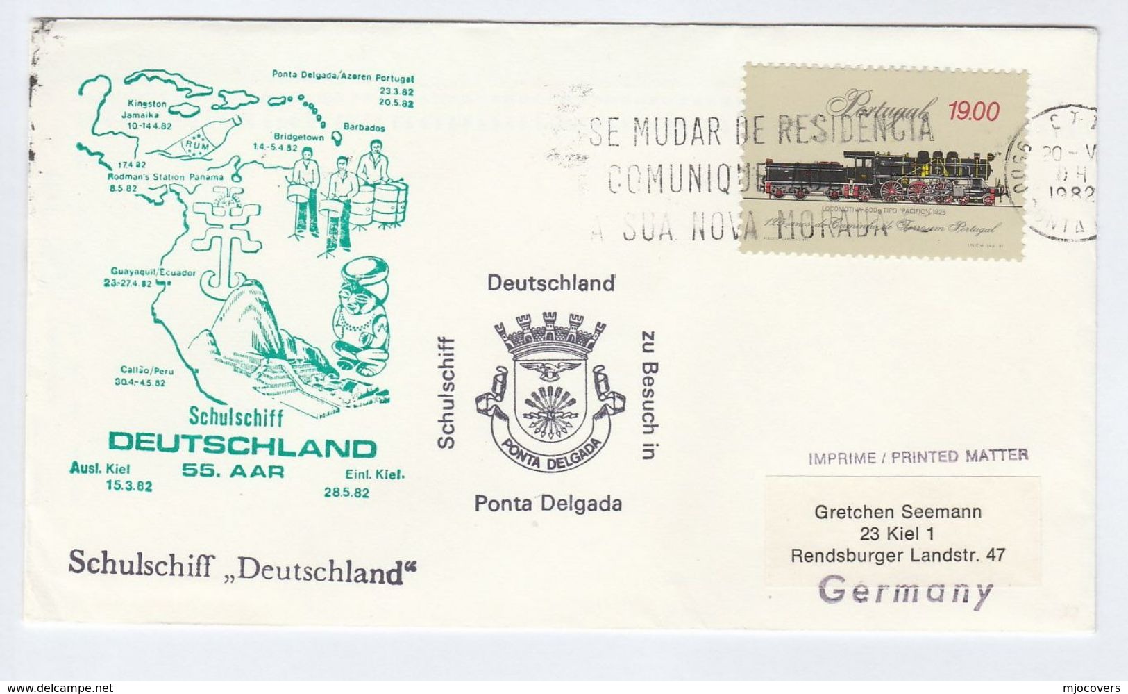 1982 PONTA DELGADA The VISIT Of TRAINING SHIP ' DEUTCHLAND' SHIP COVER Portugal Stamps Railway Steam Train - Covers & Documents