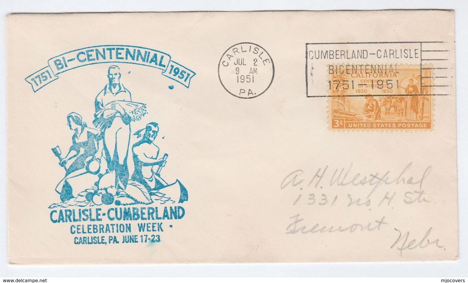 1951 USA CARLISLE Pa  NATIVE AMERICAN INDIAN In CANOE Centennial EVENT Cover Stamps - American Indians