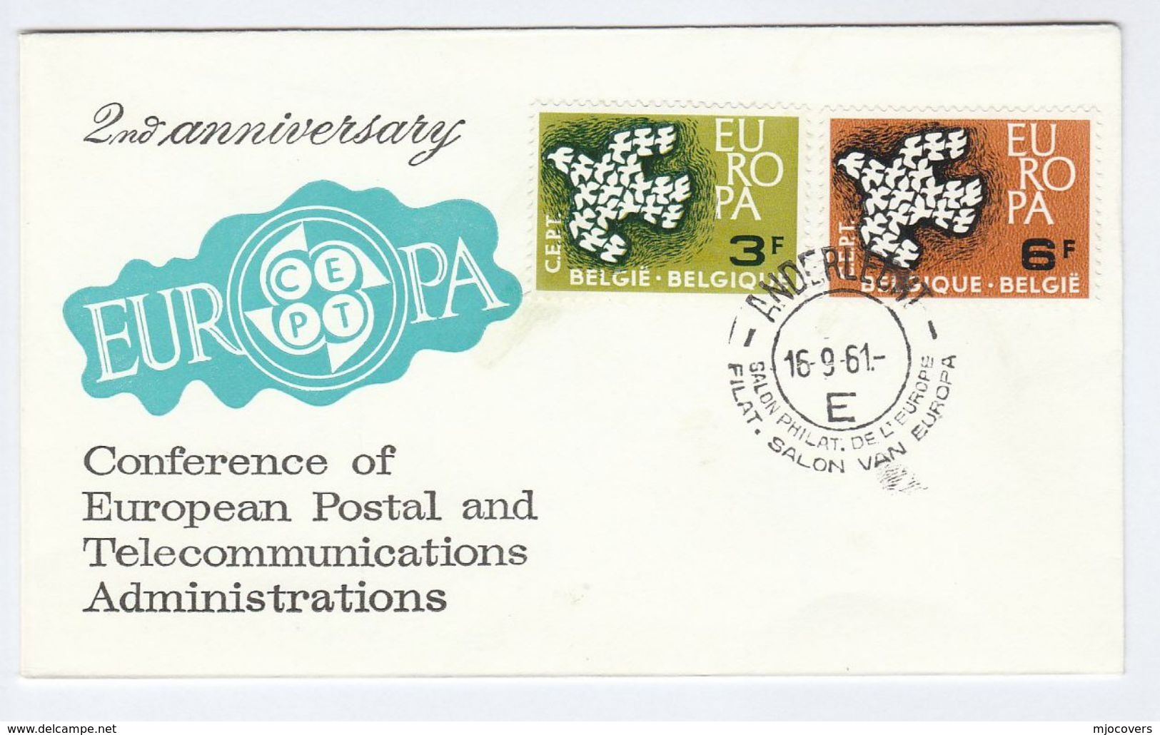 1961 Anderlecht BELGIUM FDC EUROPA Stamps SPECIAL Pmk  SALON PHILATELIE DE L'EUROPE Philatelic Exhibition - 1961-1970