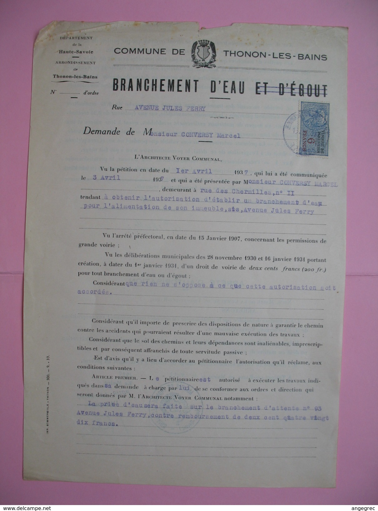 Commune DeThonon-Les-Bains    Branchement D'eau Et D'égout Arrêté D'autorisation 1937 - Non Classés