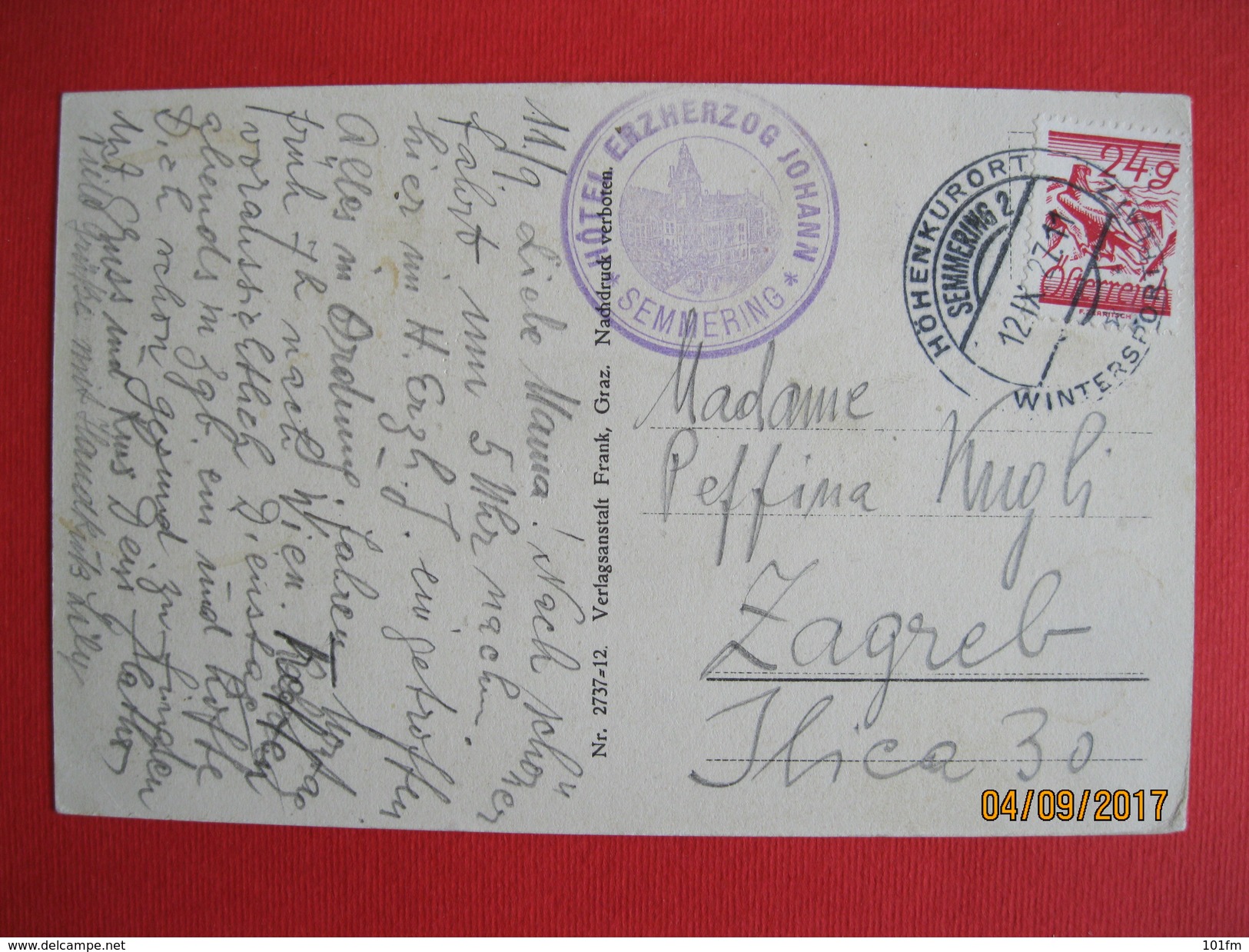 Austria - Semmering, Hotel Erzherzog Johann 1927 ( See Stamp On Back ) - Semmering