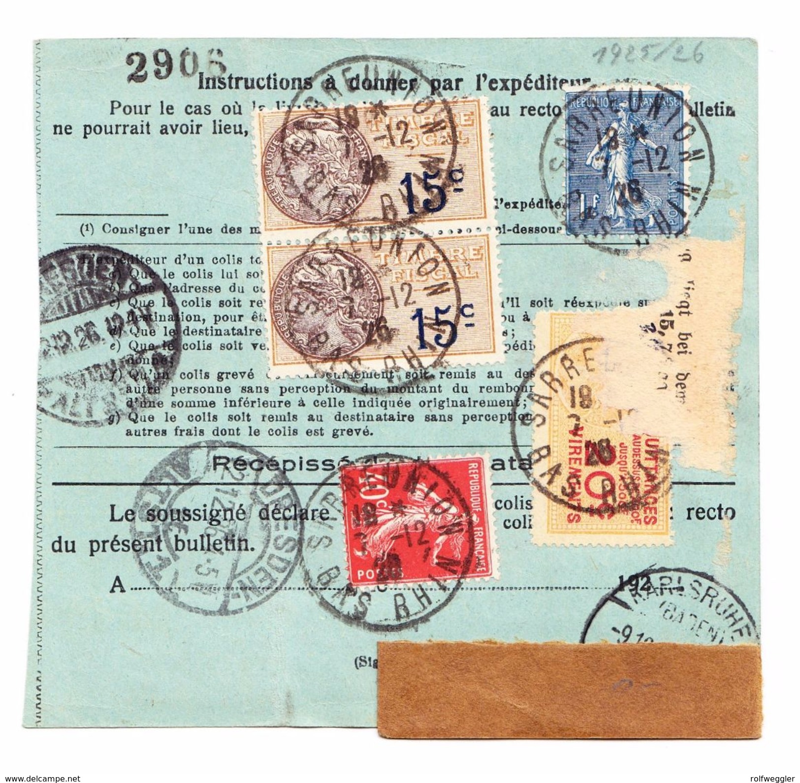 1900 Paketkarte Von Sarre-Union Nach Dresden Rückseitig Drei Zusätzliche Fiskalmarken Gebrauchsspuren - 1900-27 Merson