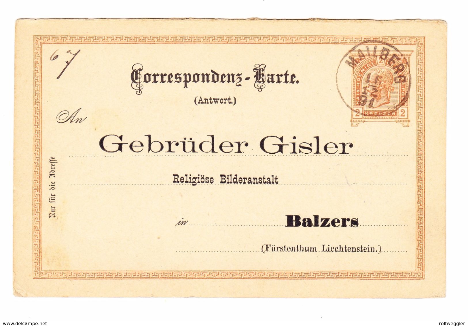 1891 2 Kr. Österreichische Antwortkarte Von Mailberg Nach Balzers Rückseitig Seltener Violetter Ankunftsstempel - Entiers Postaux