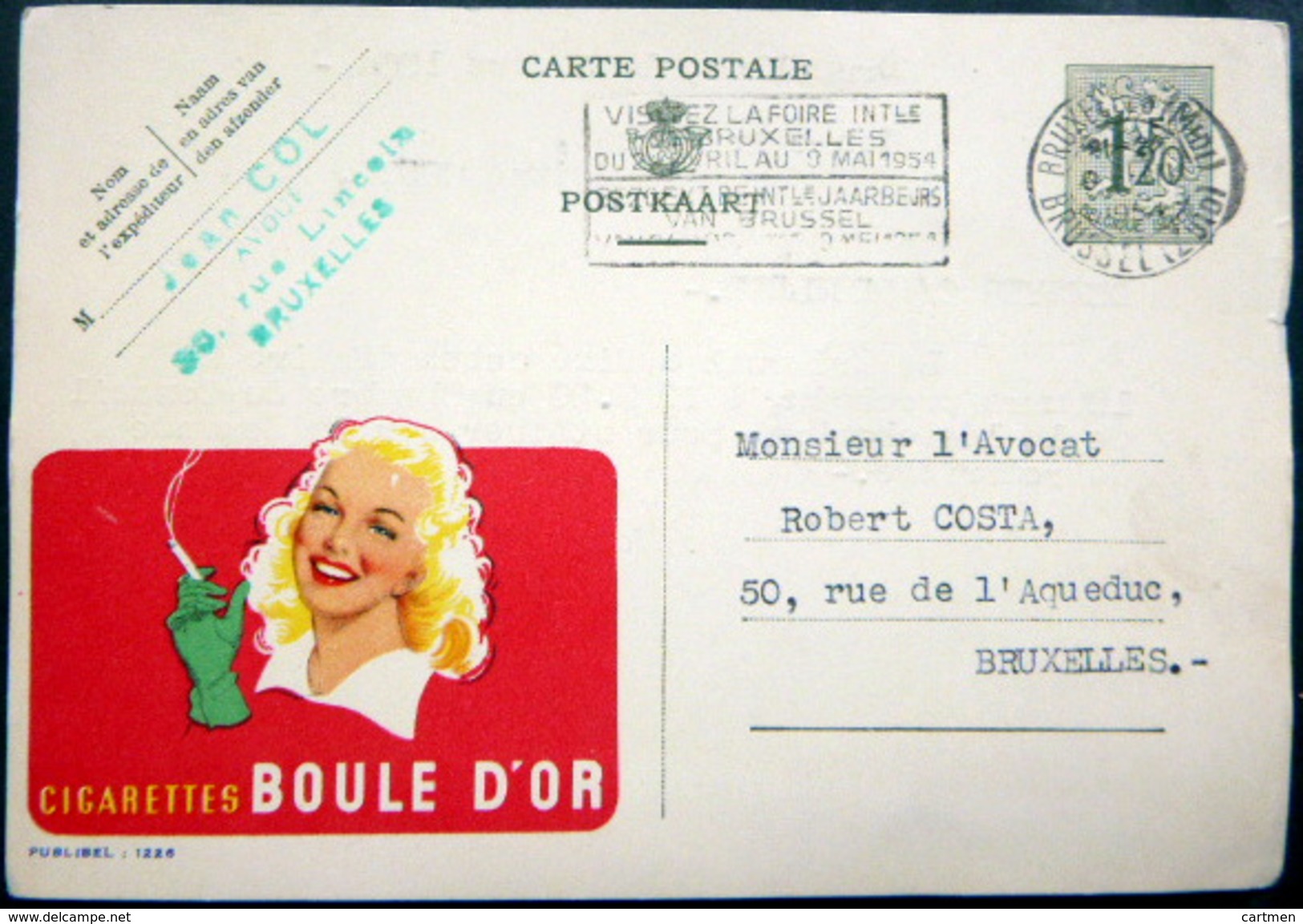 BELGIQUE CARTE POSTALE PUBLICITAIRE ILLUSTREE  CIGARETTES BOULE D'OR  ENTIER POSTAL 1954 CACHETS ET FLAMMES - Collezioni E Lotti