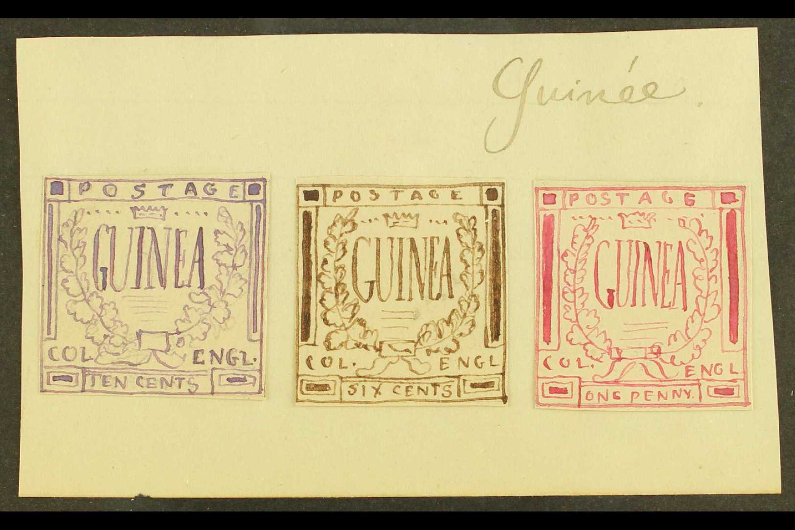 5092 ENGLISH GUINEA ? A Group Of Three 1861 Hand Painted Stamp Sized Essays Produced In France And Inscribed "GUINEA" In - Other & Unclassified