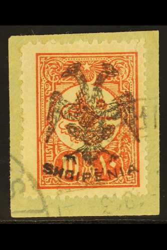 5155 1913 10pi Dull Red, Ovptd "Eagle" In Black, SG 10 (Mi 11), Superb Used On Piece With Durres Cancel. Rare And Elusiv - Albania