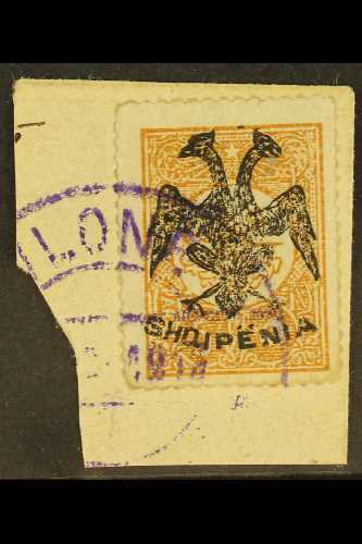 5159 1913 5pa Yellow-buff With "Eagle" Local Handstamp (Michel 4, SG 4), Fine Used On Piece Tied By Violet "Vlone" Cds C - Albania