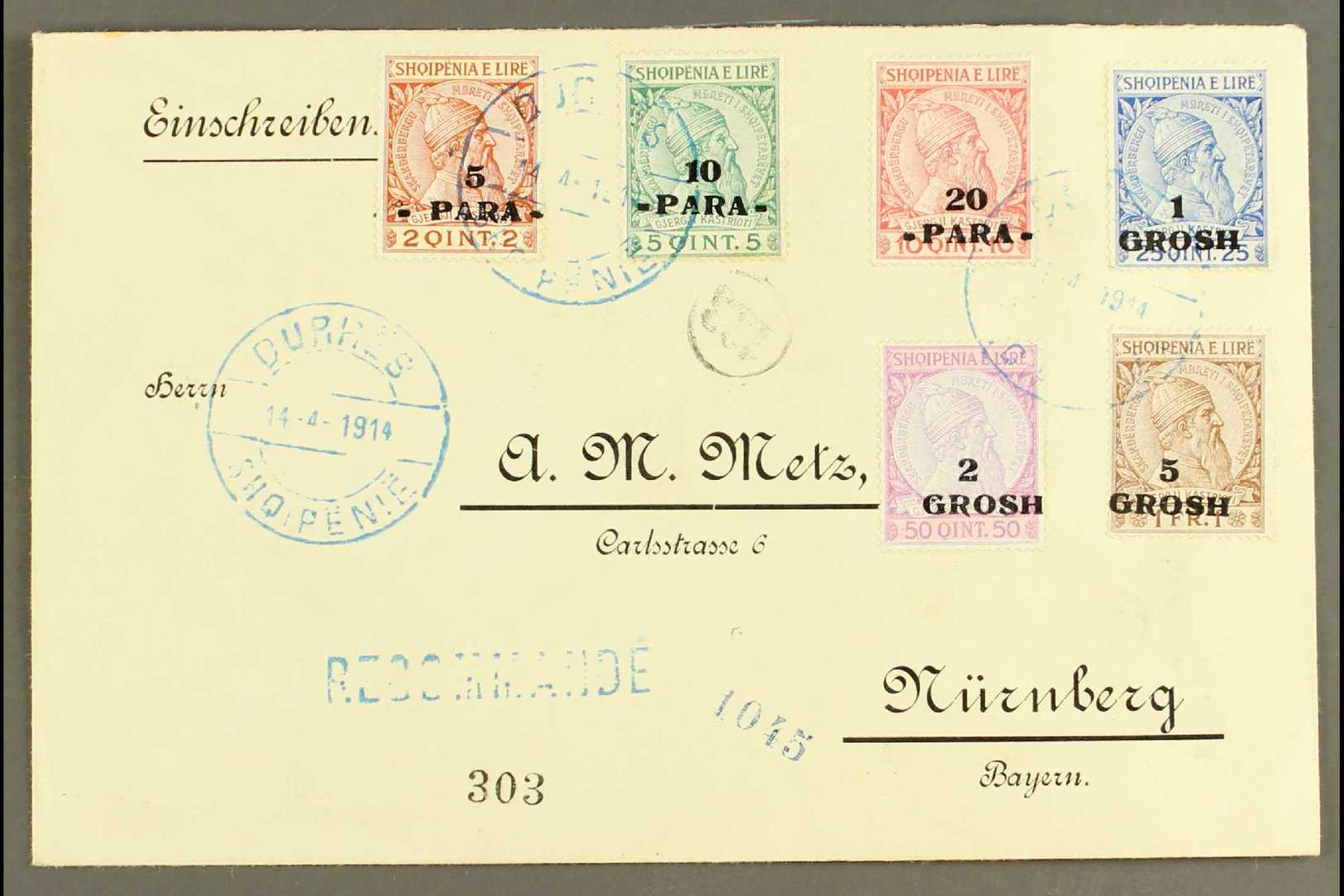 5161 1914 (14 Apr) Registered Cover To Germany Bearing 1914 Surcharges Complete Set (Michel 41/46, SG 40/45) Tied By "Du - Albania