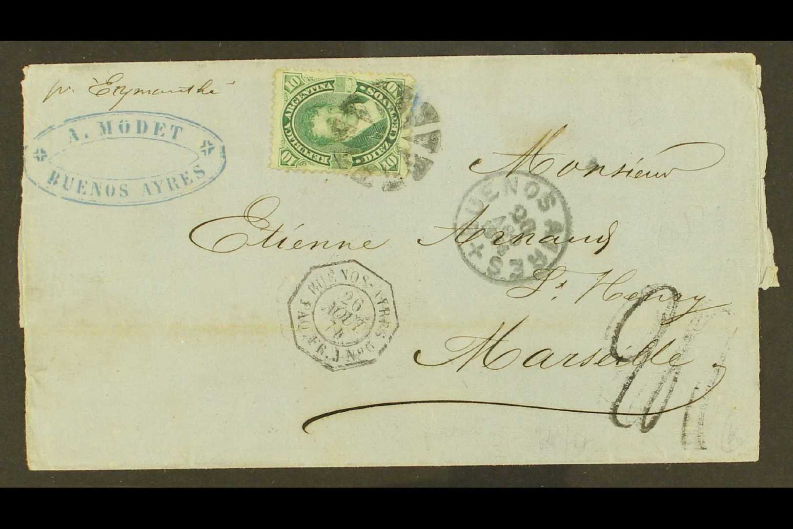 5192 1874 (27 Aug) Entire To France, Bearing 1867-78 10c Green Belgrano (SG 29, Scott 18A) Tied By Cork Cancel, With "Bu - Other & Unclassified