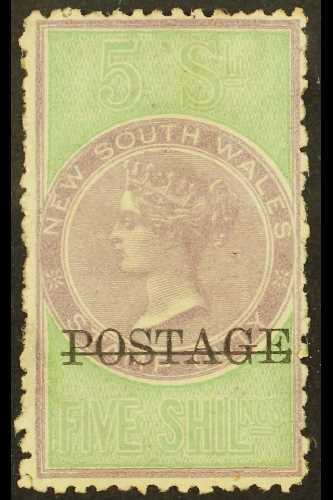 5237 NEW SOUTH WALES 1885-86 5s Lilac And Green Perf 12 X 10, Opt'd "POSTAGE" In Black, SG 238b, Mint Good Part OG. Very - Other & Unclassified