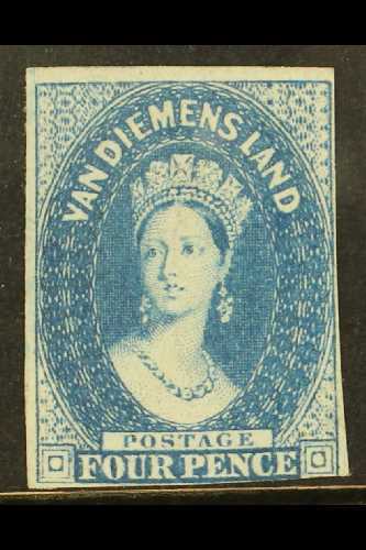 5246 TASMANIA 1855 4d Blue Wmk Large Star, SG 18, Unused With Small To Large Margins Just Into At Low Right With Lovely - Other & Unclassified