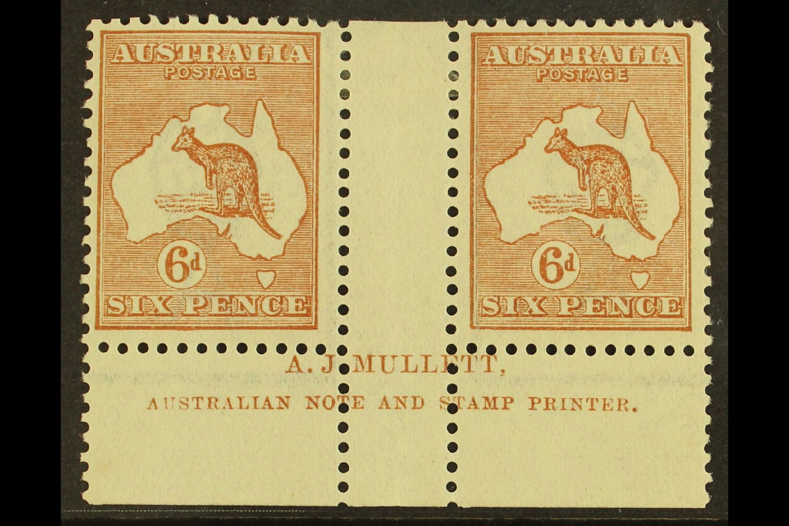 5336 1923-24 6d Chestnut Kangaroo, SG 73, MULLETT Imprint Gutter Pair From Plate 4, BW Spec 21zc, Very Fine Mint. For Mo - Other & Unclassified