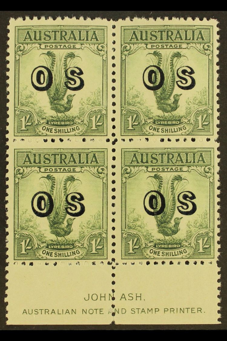 5376 OFFICIAL 1932 1s Green, Lyrebird, "O S" Overprint In JOHN ASH Imprint Block Of 4, SG O136, Fine Mint, Hinged On Top - Andere & Zonder Classificatie