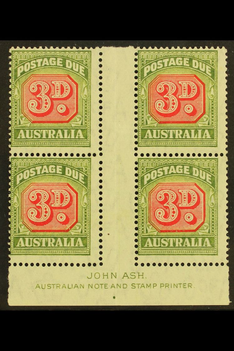 5384 POSTAGE DUE 1946-53 3d Carmine And Green, SG D122, JOHN ASH Gutter Imprint Block Of Four, Very Fine Mint. (4 Stamps - Other & Unclassified