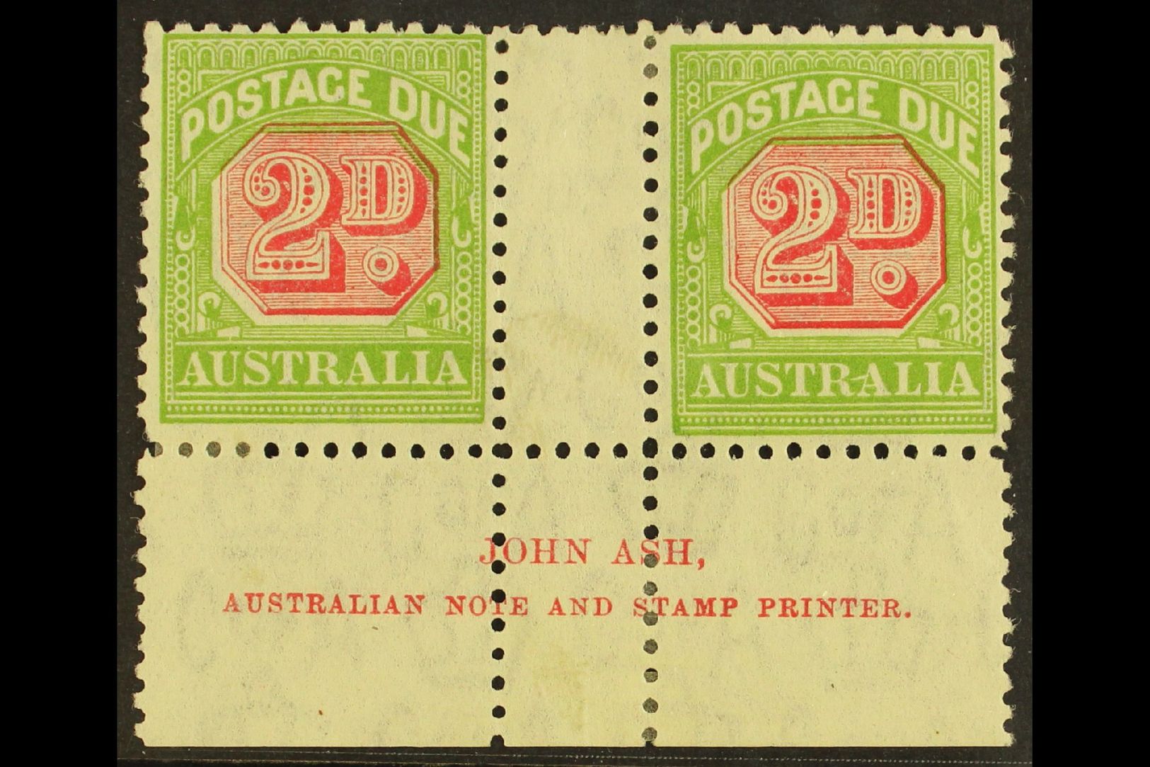 5387 POSTAGE DUE 1931-36 2d Carmine And Yellow-green, Perf 11, SG D107, JOHN ASH Imprint Gutter Pair, Fine Mint. (2 Stam - Other & Unclassified