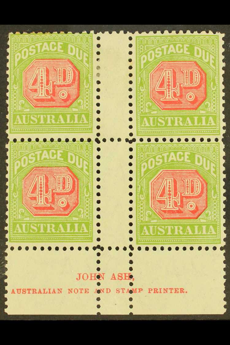 5390 POSTAGE DUE 1931-36 4d Carmine And Yellow-green, Perf 11, SG D109, JOHN ASH Imprint Block Of Four, Mint (4 Stamps) - Other & Unclassified