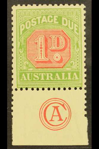 5403 POSTAGE DUES 1909 1d Rosine And Yellow Green, SG D64, Superb Mint With Bottom Margin Showing "CA" Monogram. For Mor - Other & Unclassified