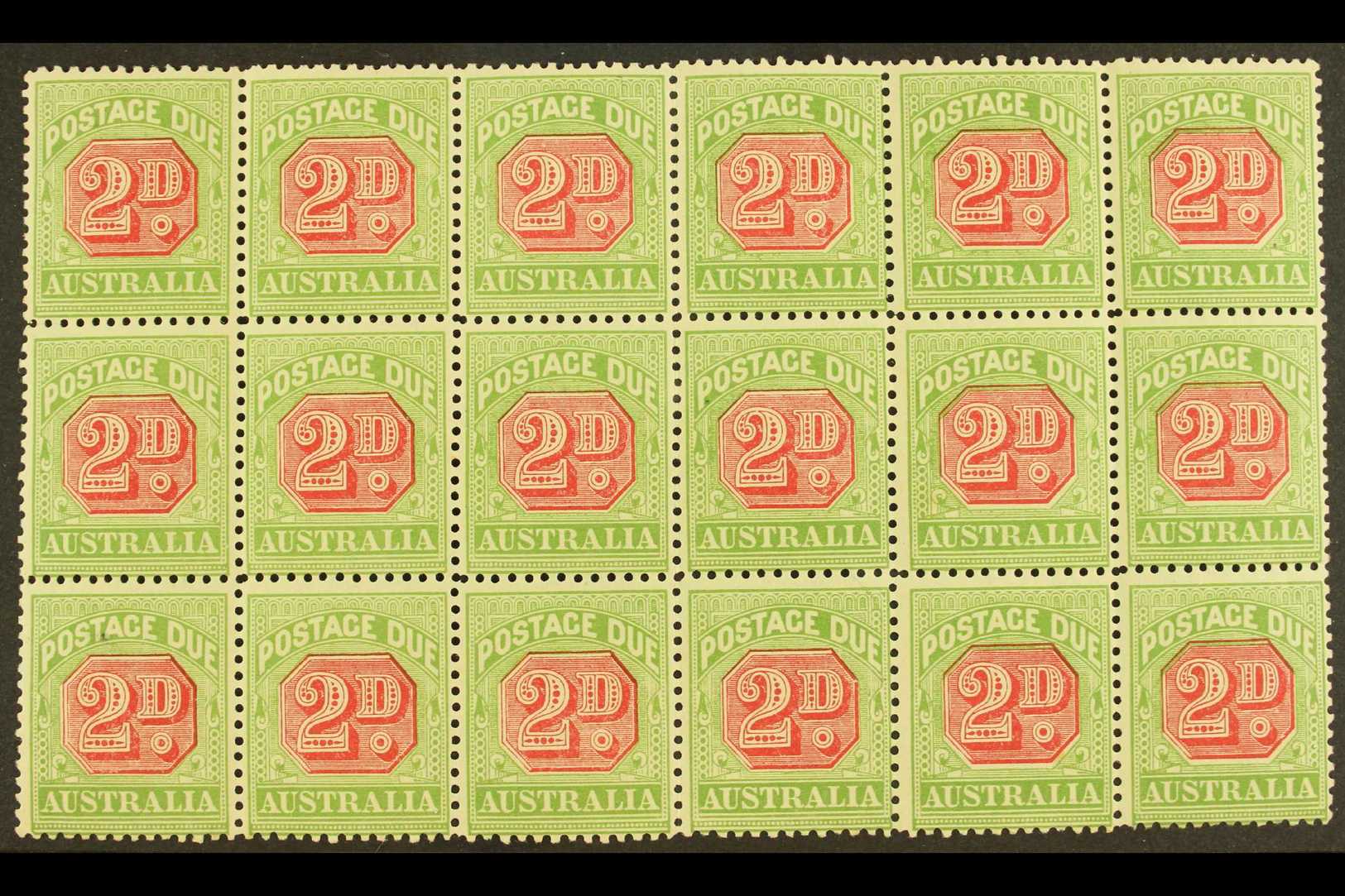 5405 POSTAGE DUES 1901 2d Rosine And Yellow Green, SG D65, Mint Block Of 18, (2 Og) Rest NHM, Showing Minor Plate Flaws - Other & Unclassified