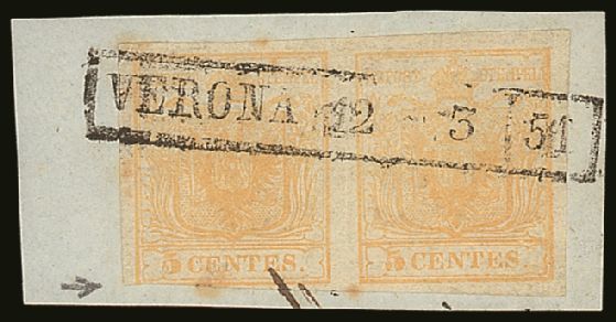 5421 LOMBARDY VENETIA 1850 5c Yellow (first Printing) Mi 1Xc, Pair (one Just Cut Into At Foot), Tied To Piece By Full Bo - Other & Unclassified