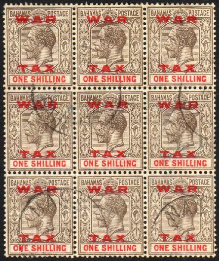 5437 1919 1s Grey-black And Carmine Opt'd "WAR TAX", SG 104, Very Fine Cds Used BLOCK OF NINE. A Scarce Multiple Of This - Other & Unclassified