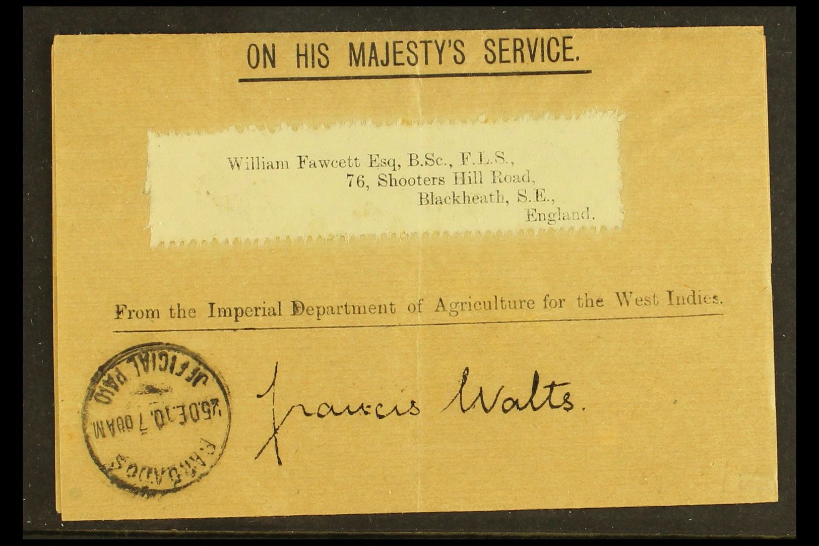 5473 1910 OHMS OFFICIAL WRAPPER (25 Dec) Printed OHMS 'From The Imperial Department Of Agriculture For The West Indies' - Barbados (...-1966)