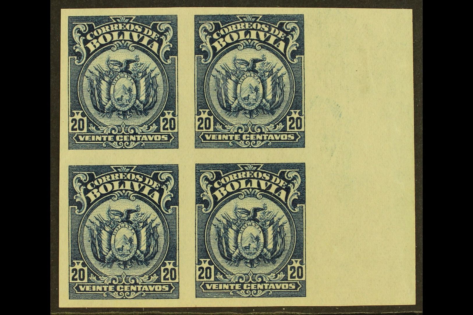 5547 1923-7 20c Slate-blue, Coat Of Arms, IMPERFORATE BLOCK OF 4, Scott 132, Fine Unused. For More Images, Please Visit - Bolivia