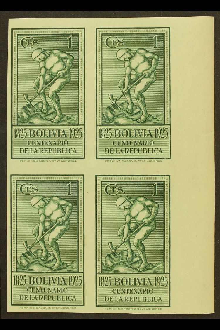 5548 1925 1c Dark Green, Centenary Of The Republic, IMPERFORATE BLOCK OF 4, Scott 150, Never Hinged Mint. For More Image - Bolivia