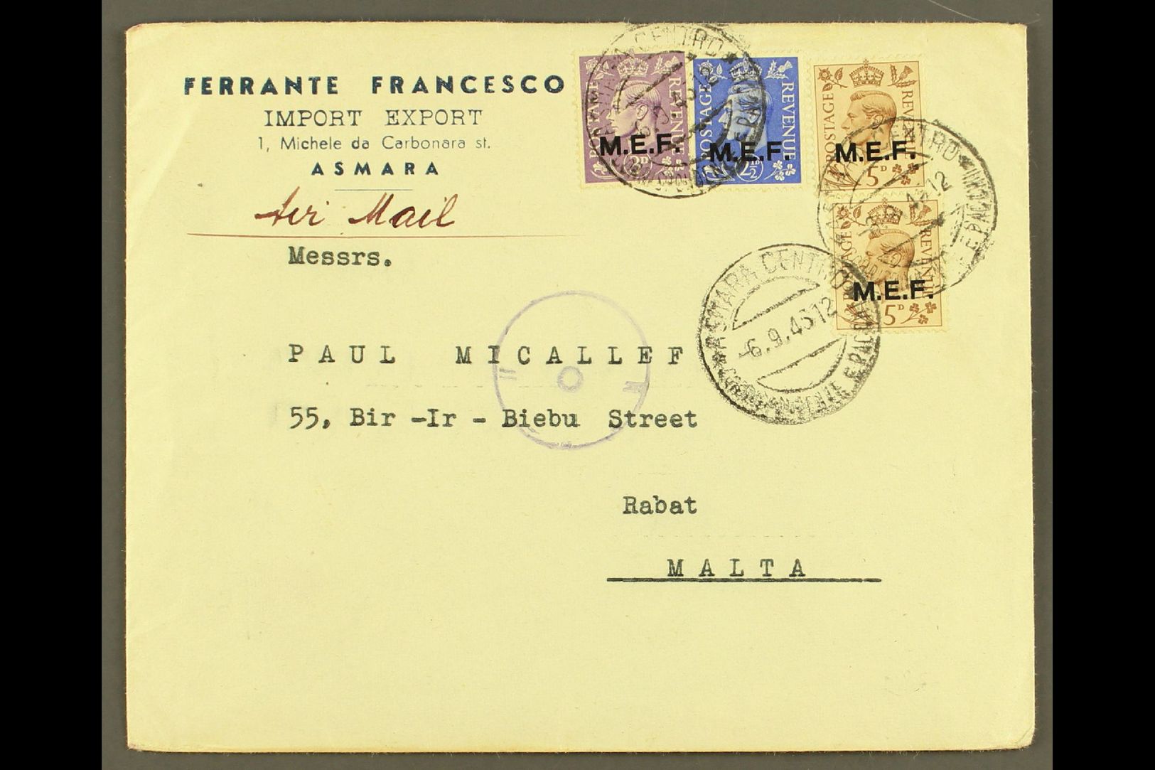 5607 ERITREA 1945 Commercial Cover To Malta, Franked With 2½d, 3d & 5d Pair Of KGVI "M.E.F." Overprints, SG M13/15, Asma - Italian Eastern Africa