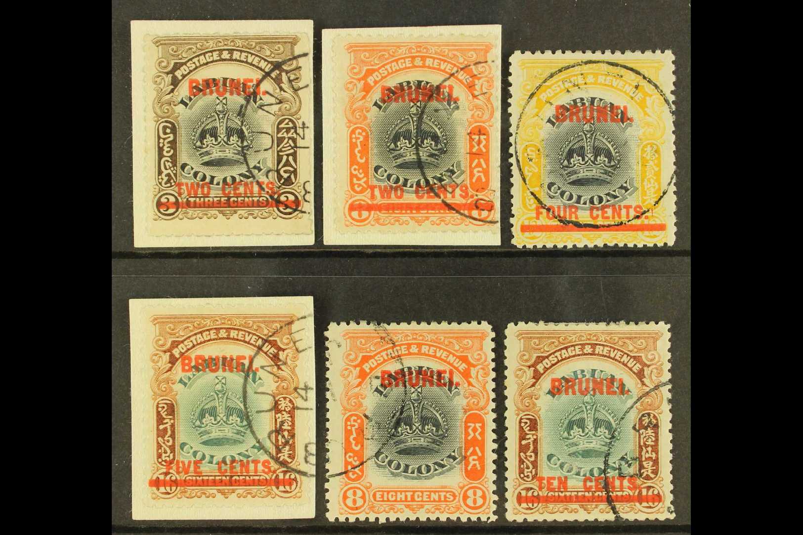 5621 1906 Overprinted 2c On 3c, 2c On 8c, 4c On 12c, 5c On 16c, 8c And 10c On 16c, Between SG 12/18, Fine Cds Used. (6) - Brunei (...-1984)