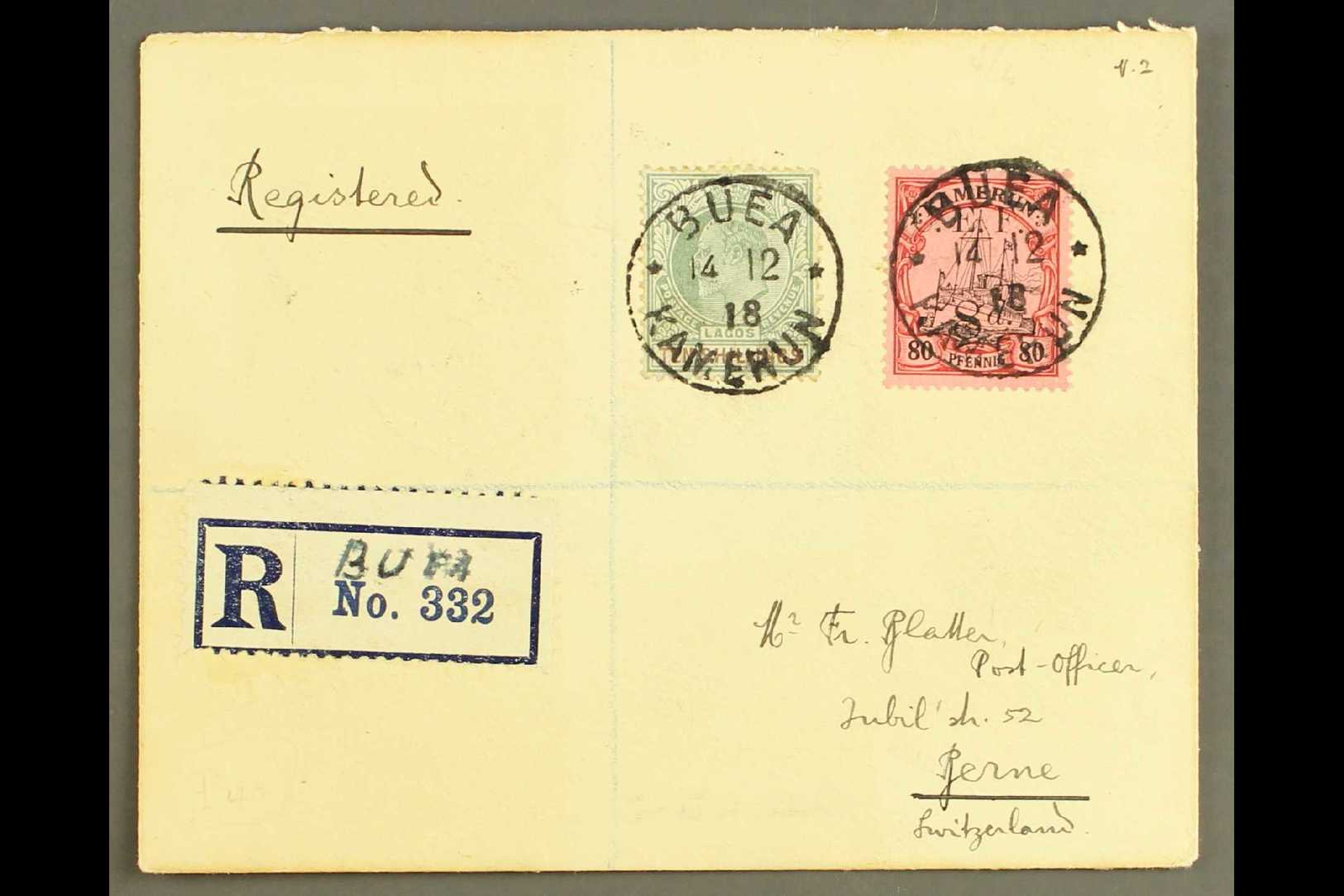 5666 1918 Registered Cover To Switzerland Franked CEF 8d On 80pf Plus Lagos 1906 Ed VII 10s (SG 63), Tied By Buea Kameru - Other & Unclassified